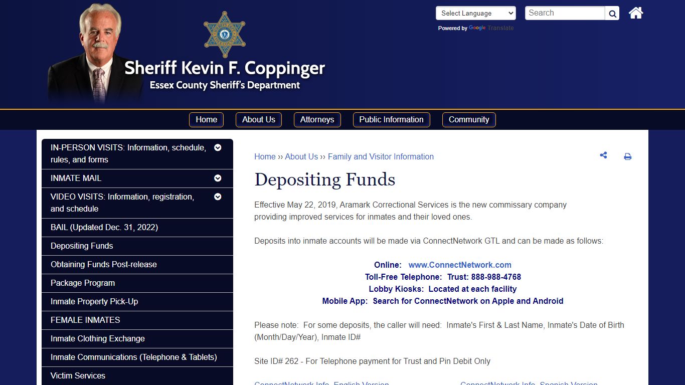 Depositing Funds | Essex County Sheriff's Department