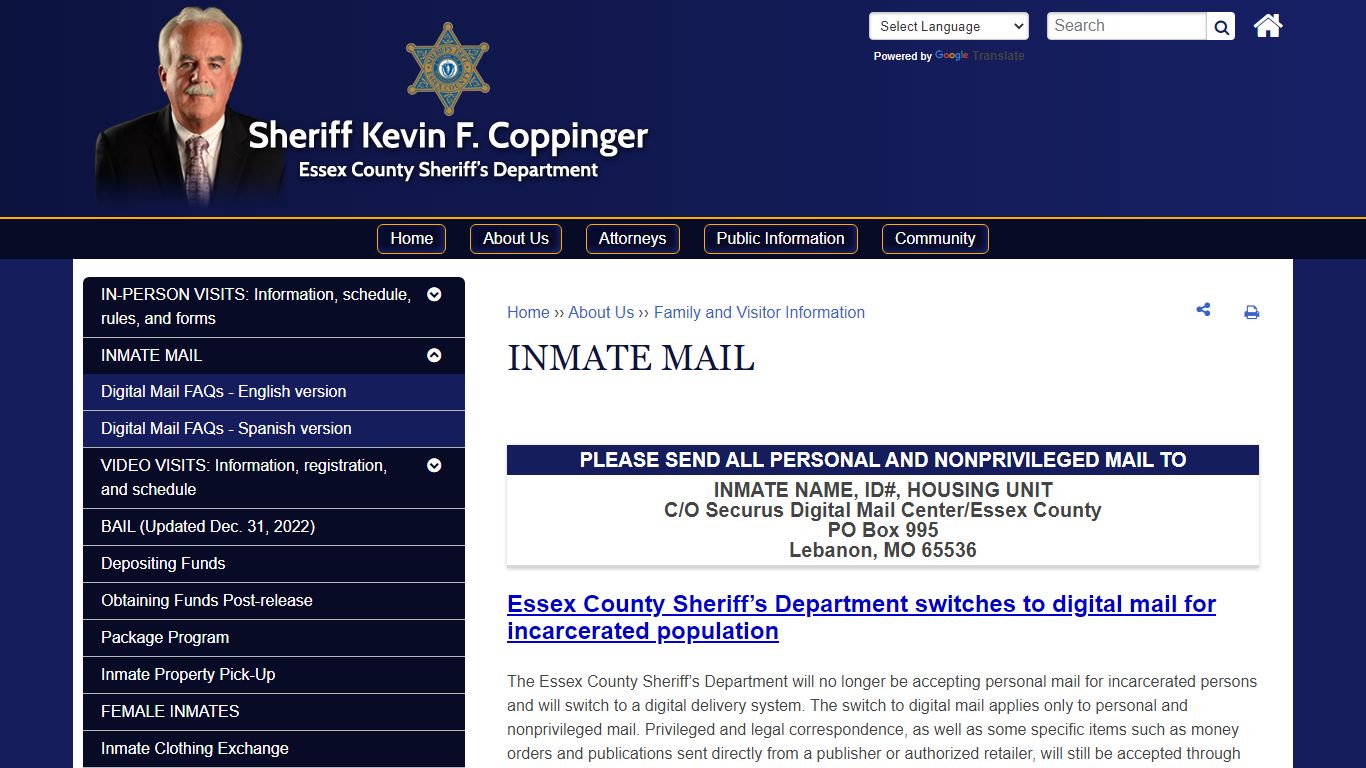 INMATE MAIL | Essex County Sheriff's Department